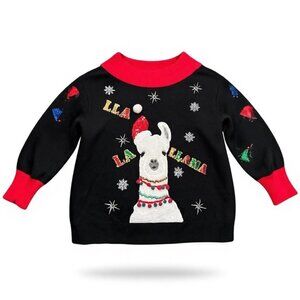 Women’s Large Llama Christmas Sweater  Black w/ Red Mock Turtleneck Holiday Time